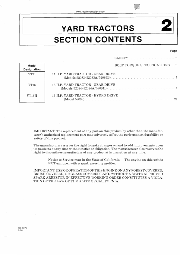 Product picture Gilson yard tractor service manual YT11 YT16 gear & hydrosta