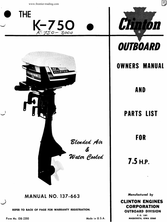 Product picture Clinton, K750, 7.5 HP outboard owners and parts manual oem