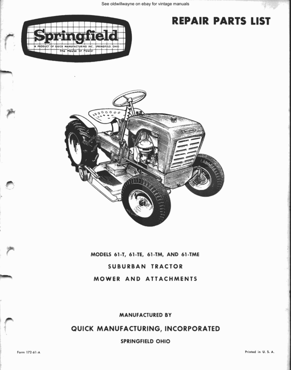 Product picture Springfield tractor 61 series parts manual