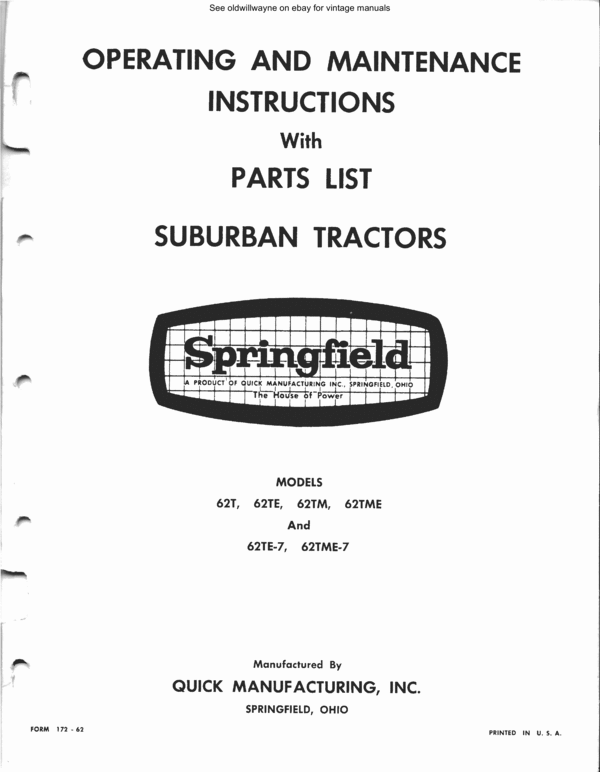 Product picture Springfield quick mfg tractor 62 series parts manual