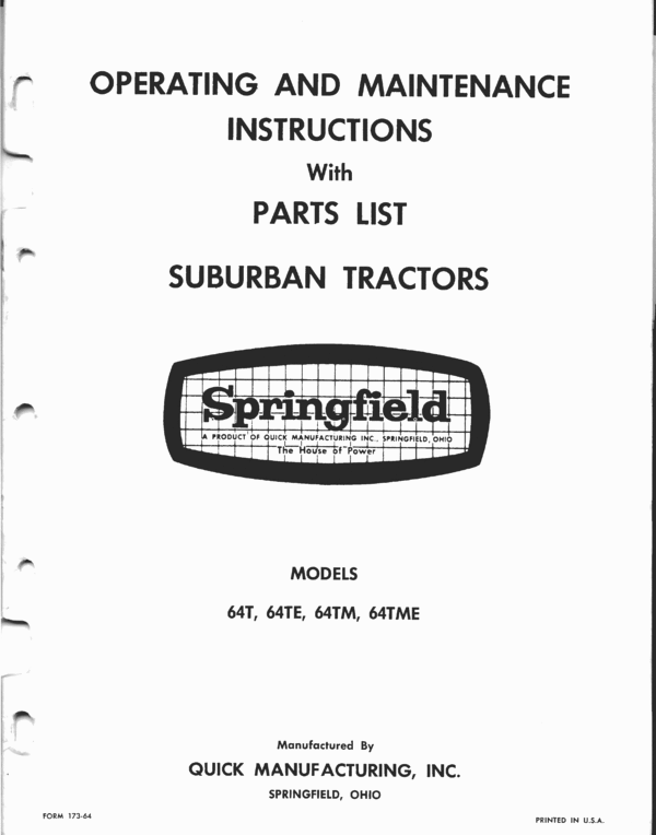Product picture Springfield 64 tractor parts manual quick manufacturing